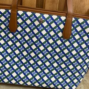 Tory Burch Green and Blue Checkered Tote
